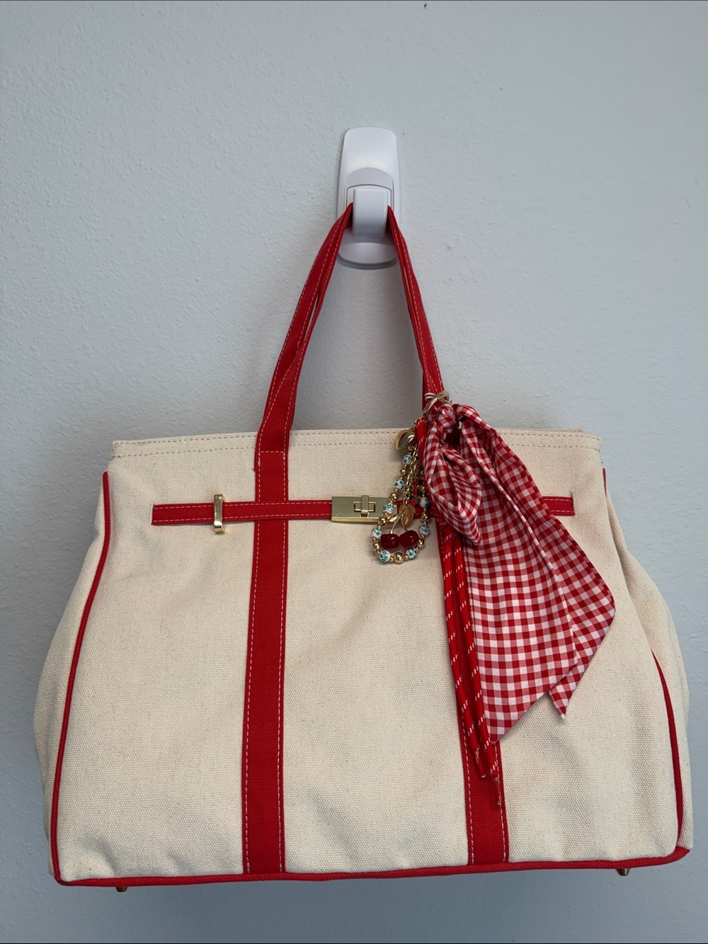 Sol and Mer | Red Gingham “Boatkin” Canvas Tote w/ Scarf & Bag Charms 🍒